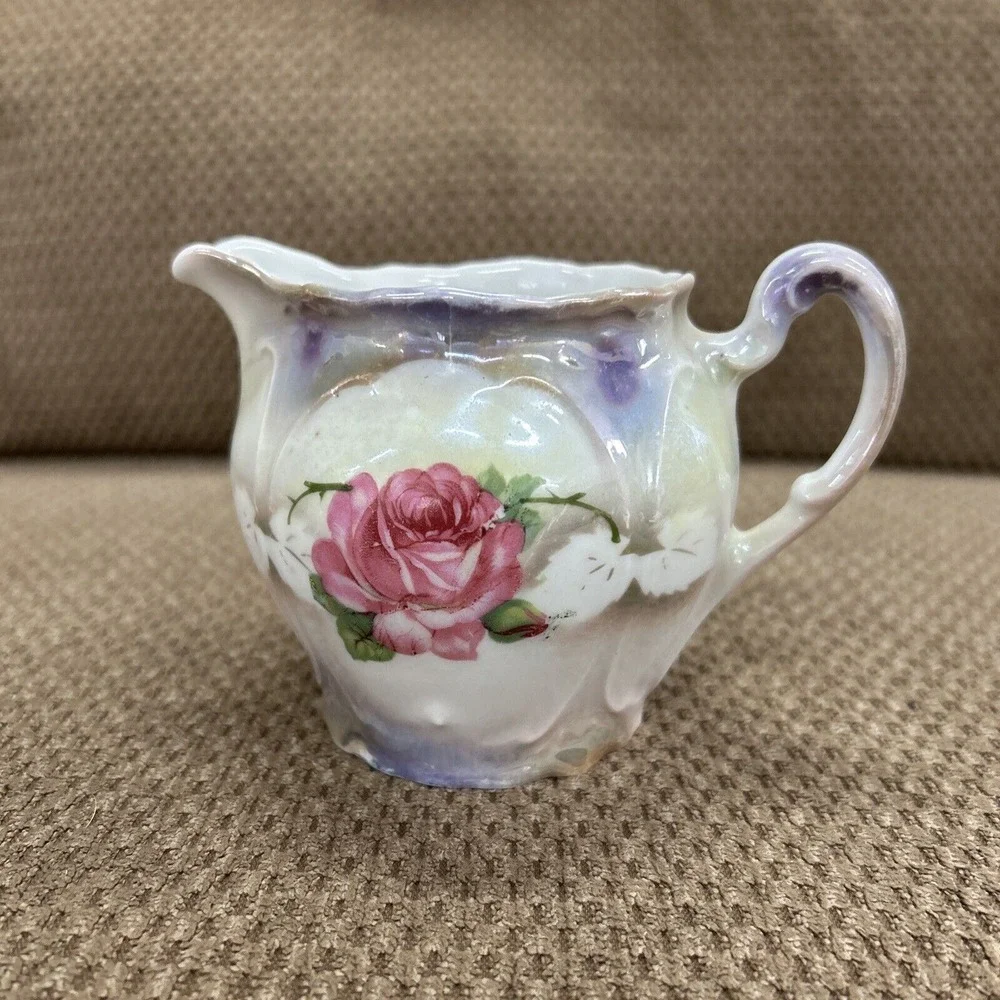 Vintage Lusterware Pink Rose Creamer‎ Porcelain Marked Bavaria White Blue Green